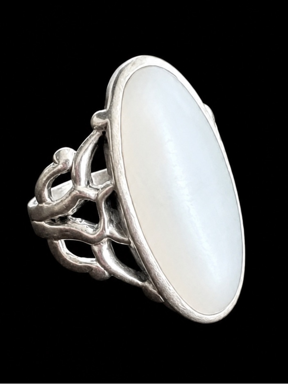 Vintage Statement Ring White Cabochon Stone Filigree Size 6.5 Silver Tone